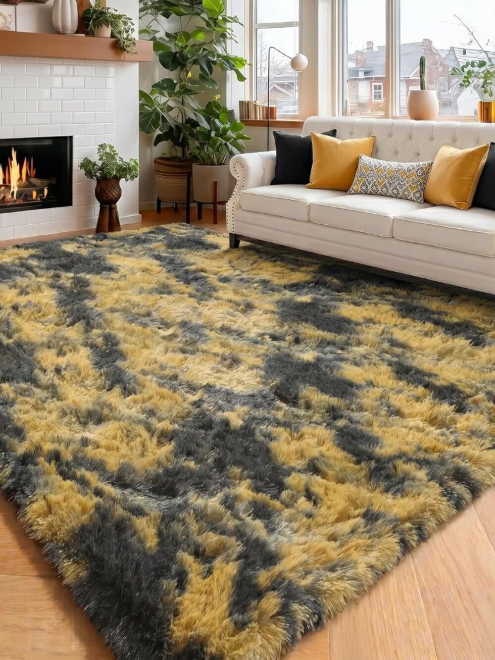 Black Gold Yellow Grey Rugs for Bedroom Living Room Decor, Fluffy Furry Fuzzy Sh